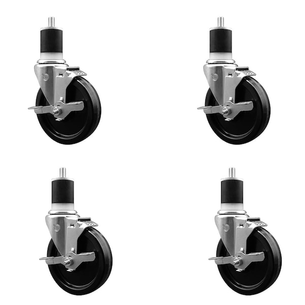 5'' SS Phenolic Swivel 1-7/8'' Expanding Stem Caster Set with Brake, 4PK